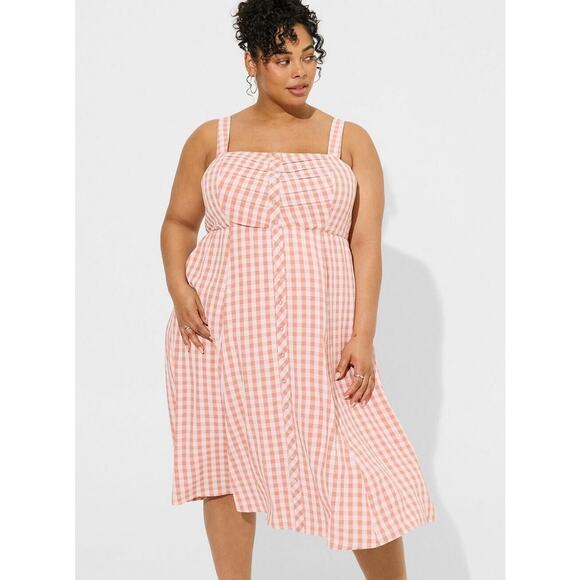 Torrid Gingham Seersucker Midi Dress Peachy Pink Button Front Size 2 NWT - Picture 1 of 4